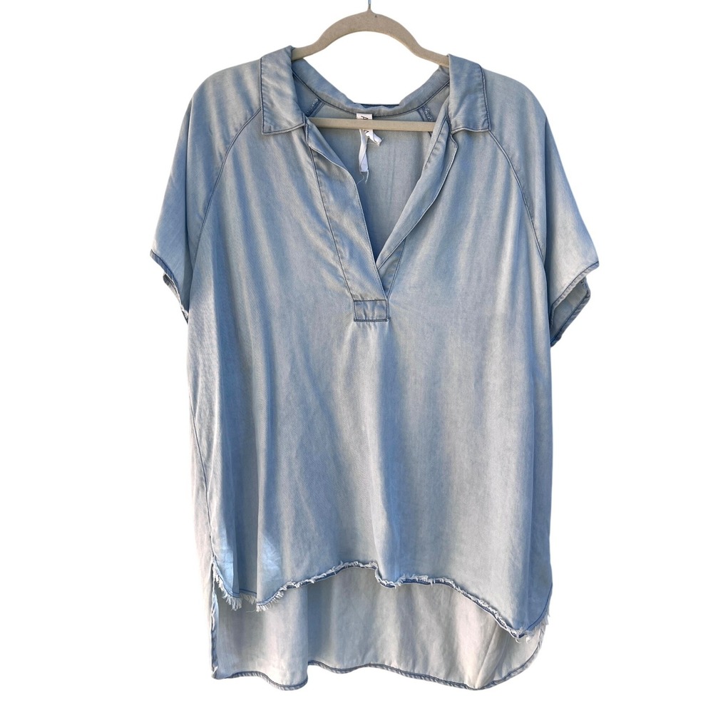 Amadi Anthropologie Tunic Top Medium Tencel Popover High-Low Frayed Hem Chambray